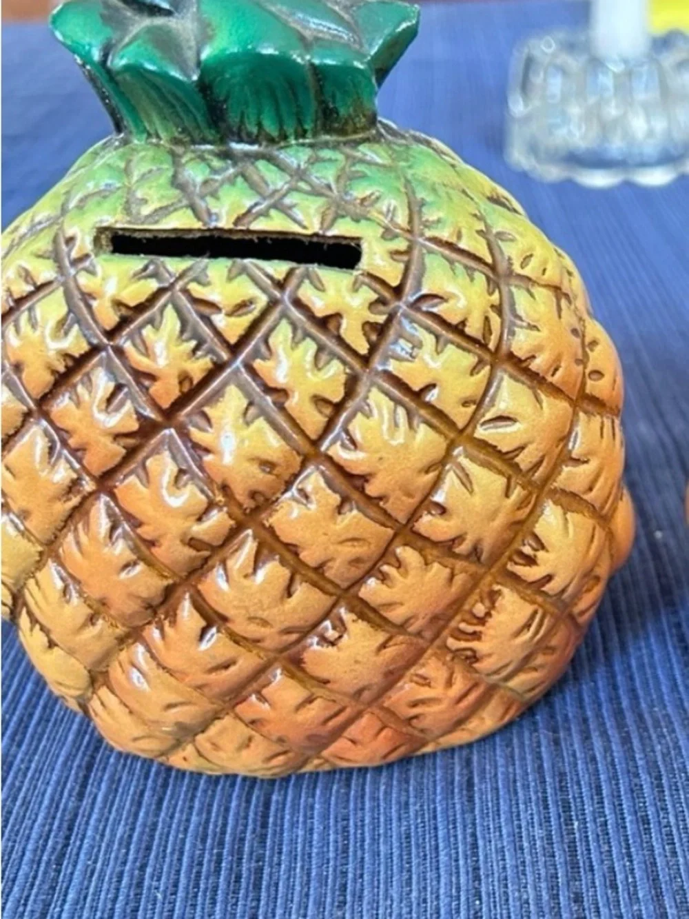 Vintage Pineapple Face Chalk ware Bank - Yellow with Teal Accents - Picture 2 of 3